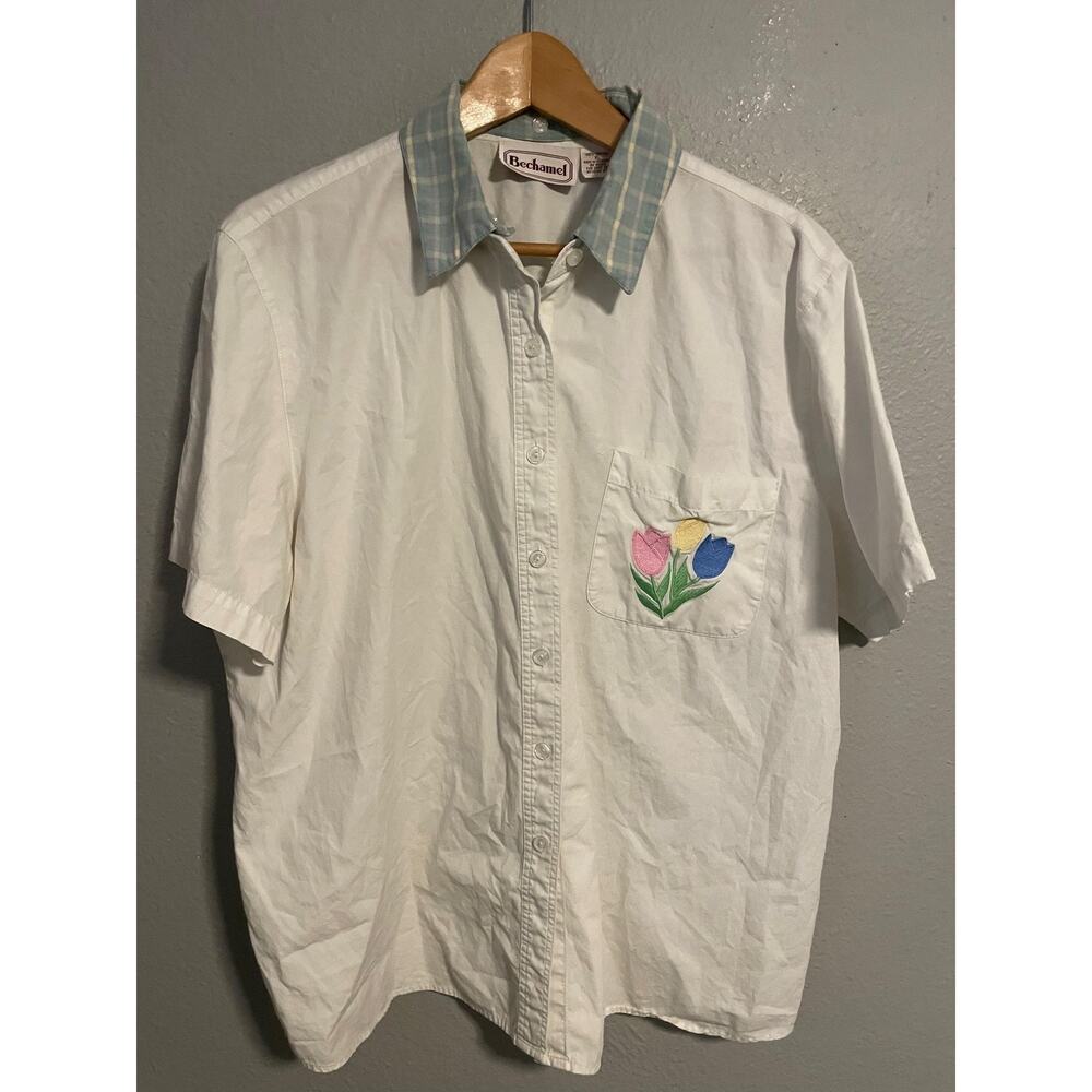 VTG Bechamel Button Up Shirt Womens XL White Tulip Embroidered Plaid Collar READ
